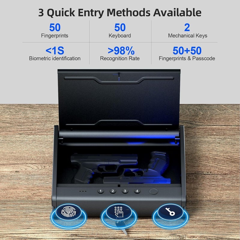 PINEWORLD Gun Safe,Biometric Gun Safe For Handgun, Pistol Safe With Fingerprint Backlit Keypad, Quick Access Handgun Safe for Firearm, Gun Lock Box With Interior Light For Nightstand Car - Image 2